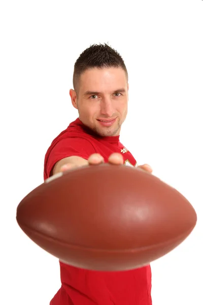 Young Man Holds American Football Straight Camera Smiles — Stock Photo, Image