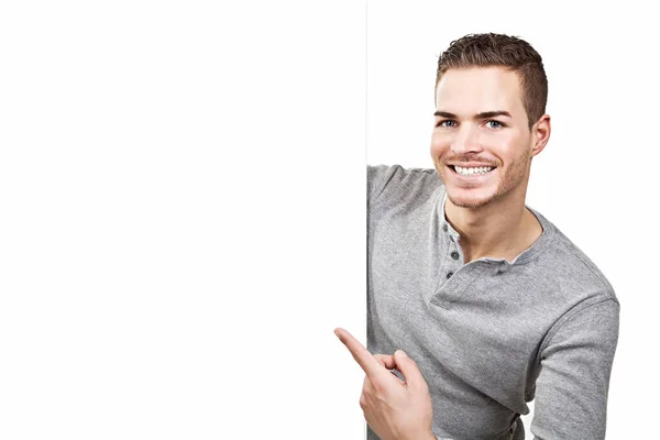 Beautiful Young Man Showing Blank Signboard — Stock Photo, Image