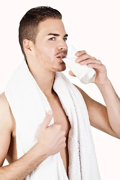 Beautiful Man Drinking Milk — Stock Photo, Image