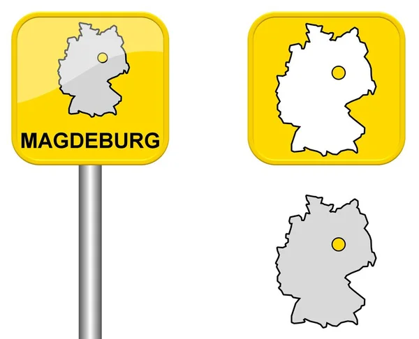 Ortsschild Bundeslandkarte Und Knopf Von Magdeburg — Stockfoto