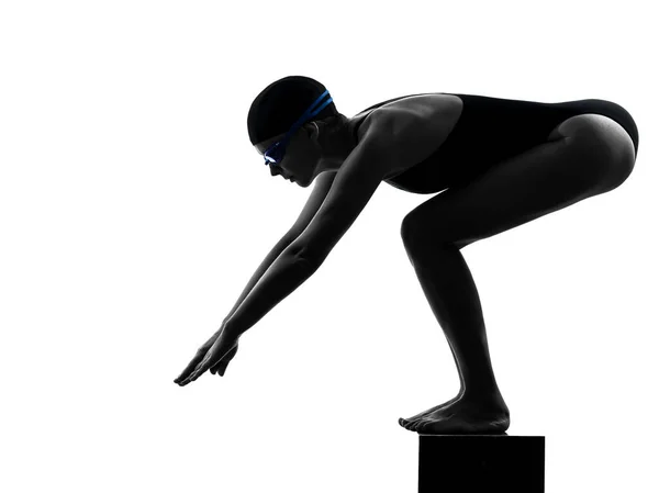 One Caucasian Woman Competition Swimmer Starting Silhouette Studio Isolated White — Stock Photo, Image