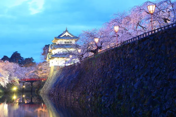 Iluminación Del Castillo Hirosaki Flores Cerezo Aomori Japón — Foto de Stock