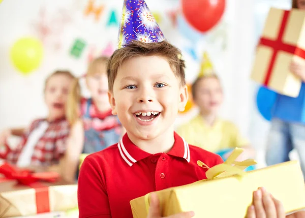 Joyful Boy Giftbox Looking Camera Birthday Party — Foto de Stock