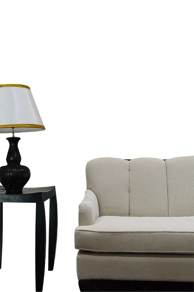 Modernes Sofa Und Vintage Lampe Isolieren Auf Weißem Hintergrund — Stockfoto