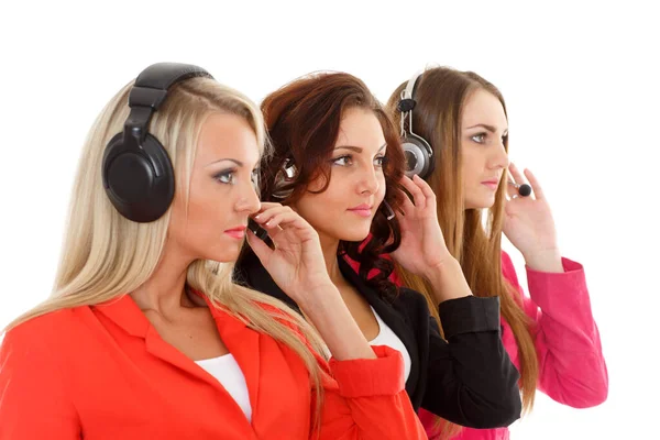 Glückliche Junge Geschäftsfrauen Mit Headset Auf Weißem Hintergrund Betreiber Von — Stockfoto