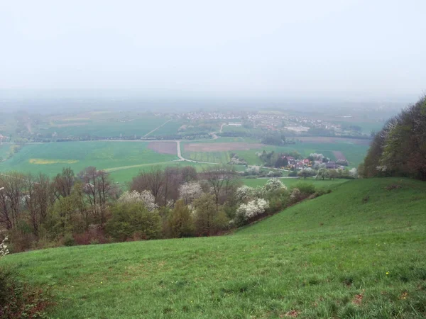 Foggy Scenery Spring Time Seen Hill Named Einkorn Schwaebisch Hall — Stock Photo, Image