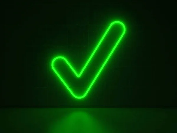 Betondan Bir Duvarda Kontrol Sembolü Şeklinde Yeşil Bir Neon Şareti — Stok fotoğraf