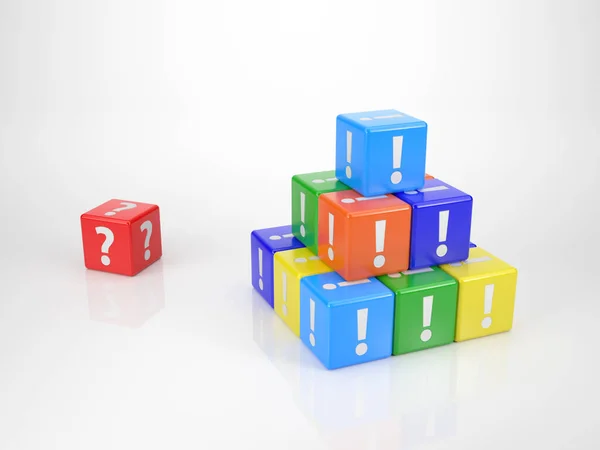 Red Cube Question Mark Front Tower Cubes Exclamation Marks Symbol — Stock Photo, Image