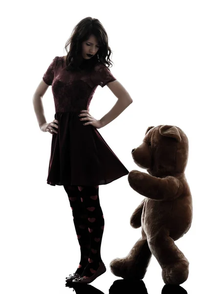 Eine Kaukasische Seltsame Junge Frau Und Teuflische Teddybär Silhouette Weißen — Stockfoto