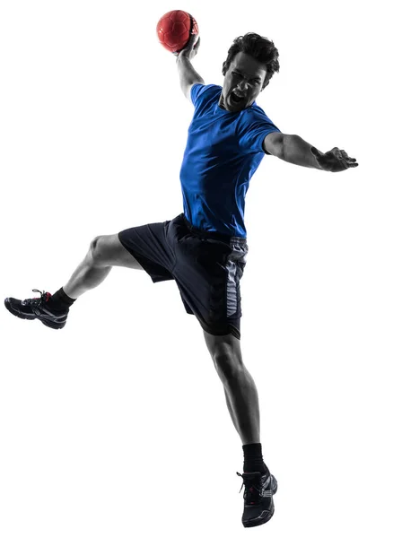 Jovem Caucasiano Exercitando Jogador Handebol Estúdio Silhueta Fundo Branco — Fotografia de Stock