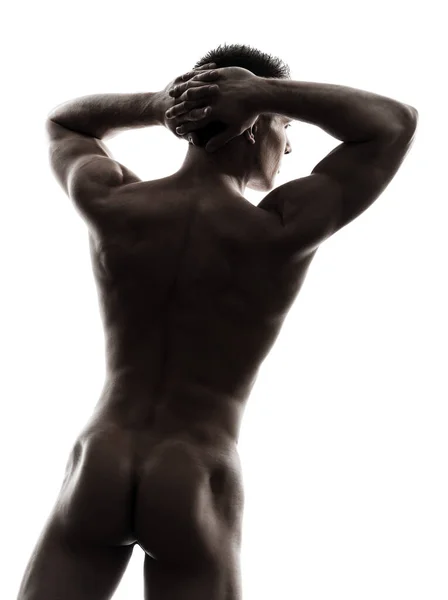 Ein Kaukasischer Schöner Nackter Muskulöser Mann Rückansicht Silhouettenstudio Auf Weißem — Stockfoto