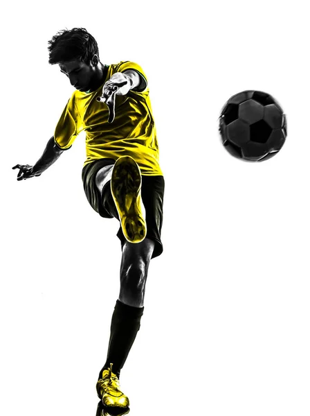 Ein Brasilianischer Fußballspieler Junger Mann Kickt Silhouettenstudio Auf Weißem Hintergrund — Stockfoto