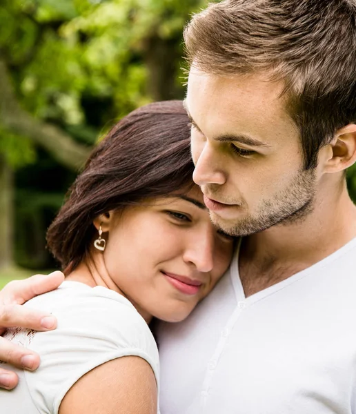 Romantic Moments Young Couple Together Woman Head Laid Men Shoulder — Stock Photo, Image