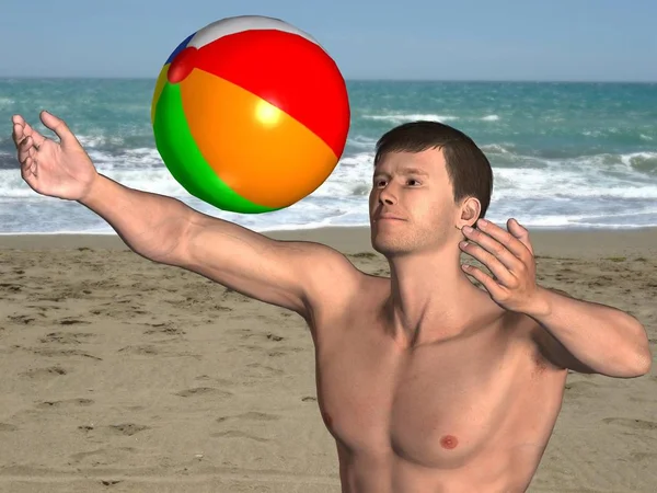 Hombre Atractivo Está Jugando Con Pelota Playa — Foto de Stock