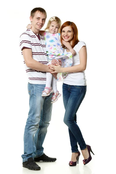 Young Parents Lovely Daughter Stand White Background Happy Family Stock Photo