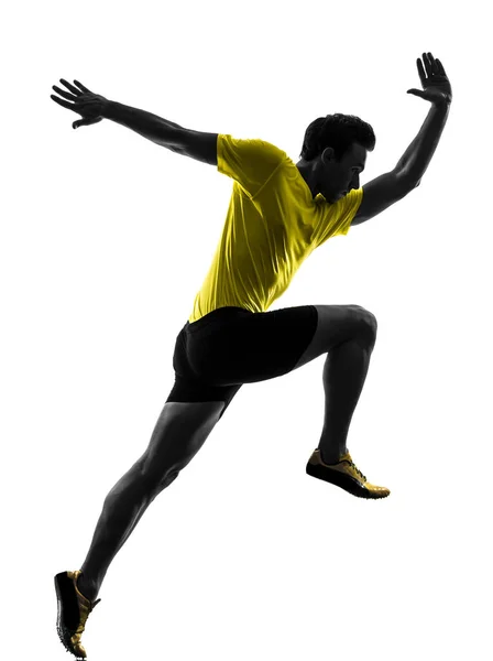 One Caucasian Man Young Sprinter Runner Running Silhouette Studio White — Stock Photo, Image