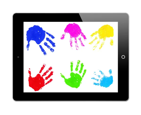 Tablettdator Med Färgglada Handavtryck — Stockfoto