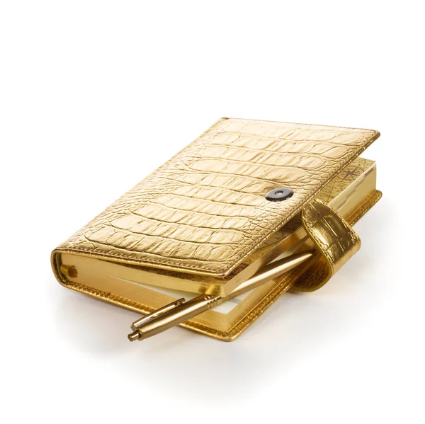 Luxusní Zlatý Kožený Zápisník Perem Bílém Pozadí — Stock fotografie