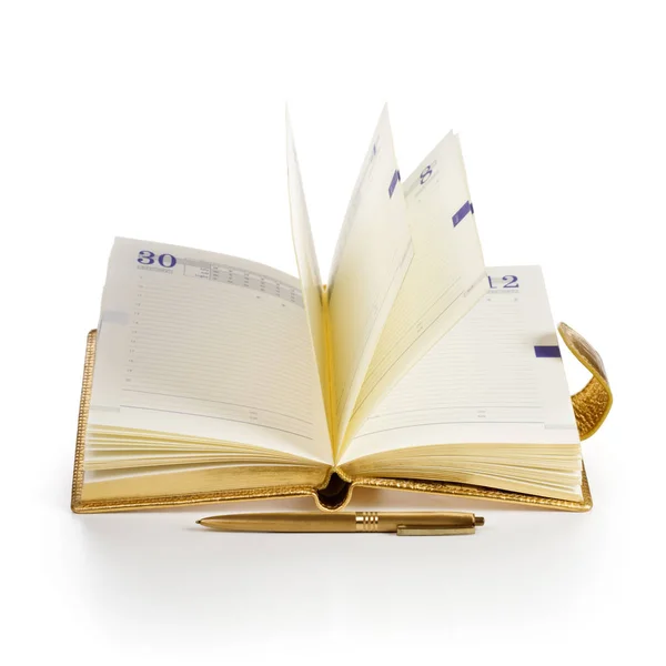 Open Notitieboekje Met Gouden Pen Witte Achtergrond — Stockfoto