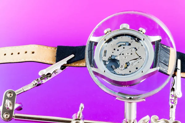 Elegant Watch Repaired Using Magnifier Three Handles — Stock Photo, Image