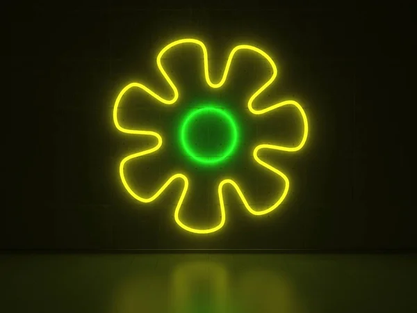 Signo Neón Verde Amarillo Forma Flor Una Pared Hormigón —  Fotos de Stock