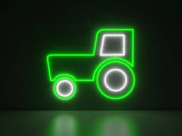 Fehér Zöld Neon Sign Form Tractor Wall Concrete — Stock Fotó