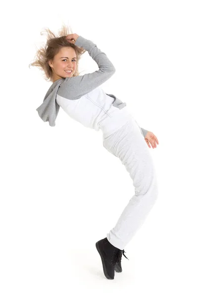 Красива Спортивна Дівчина Танцює Білому Тлі Сучасні Танці — стокове фото