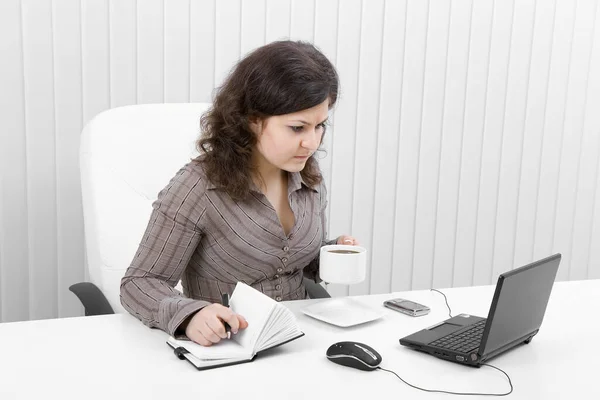 Die Junge Brünette Büro Mit Laptop Und Kaffee — Stockfoto