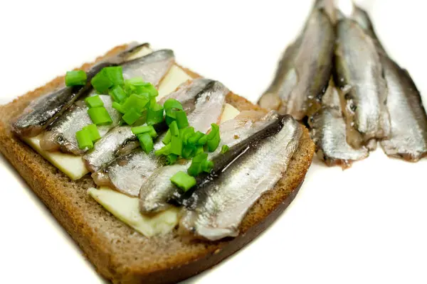 Sandwich Fish Sprat Spring Onions — Stock Photo, Image