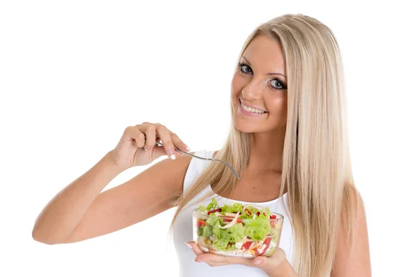 Une Jeune Femme Mince Tient Bol Salade Sur Fond Blanc — Photo