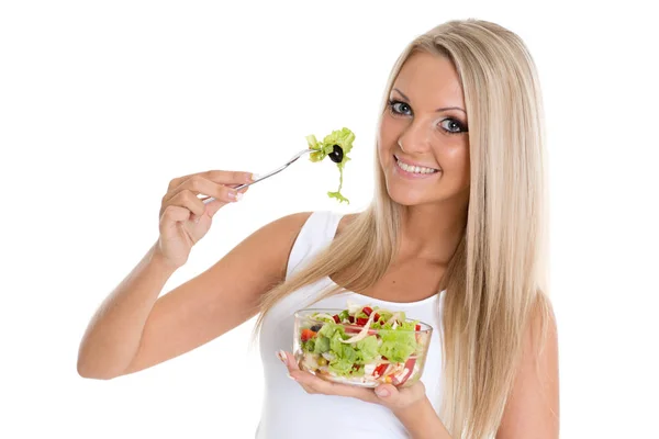 Une Jeune Femme Mince Tient Bol Salade Sur Fond Blanc — Photo