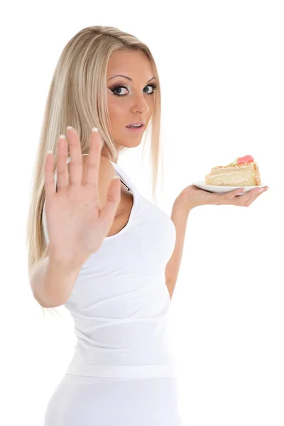 Junge Glückliche Frau Mit Leckerem Kuchen Steht Auf Weißem Hintergrund — Stockfoto