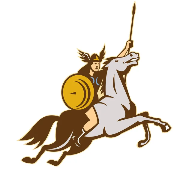 挪威神话中骑着长矛的女骑士骑着马的英勇事迹的例证 — 图库照片