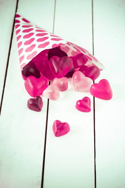 Close View Candy Cone Decorated Pink Hearts Spilling Heart Shaped — Stock Photo, Image
