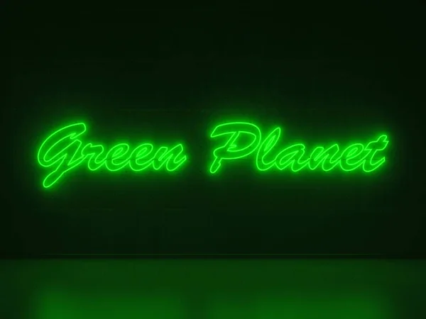 Segno Verde Neon Forma Parole Green Planet Muro Cemento — Foto Stock