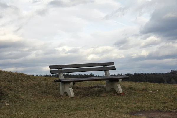 灰色の空に対する牧草地のベンチ — ストック写真