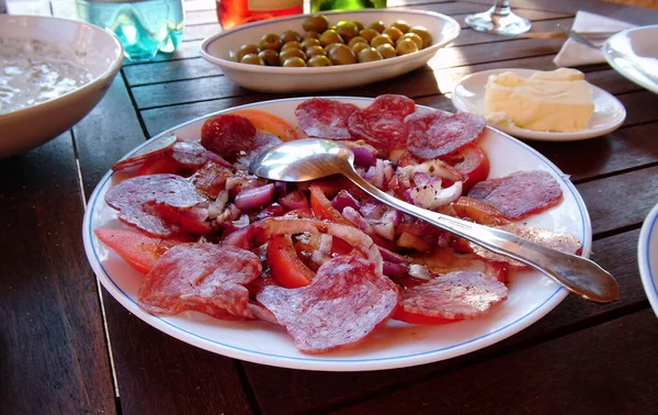 Conceito Comida Aperitivo Carne Salame Lanche — Fotografia de Stock