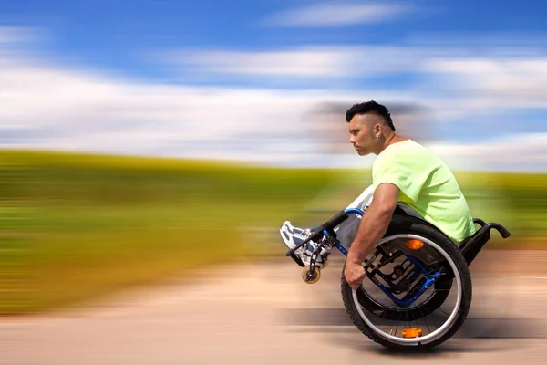 Man Wheelchair Road Side View — Stock Photo, Image