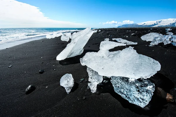 Vacker Strand Södra Island Med Svart Lavasand Full Isberg Från — Stockfoto