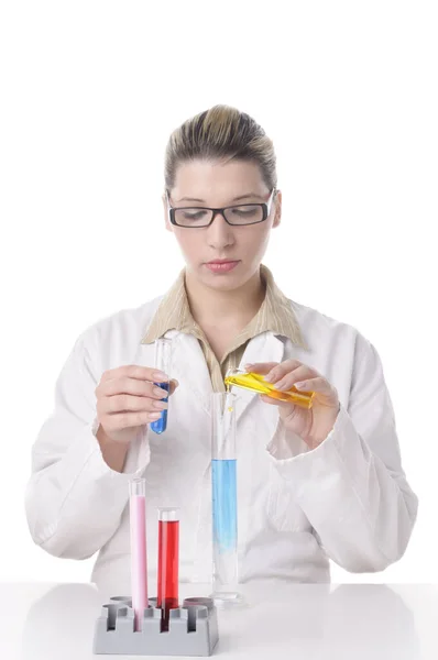 Attractive Young Chemists Blond Hair Glasses Wearing White Coat Pouring — Stock Photo, Image