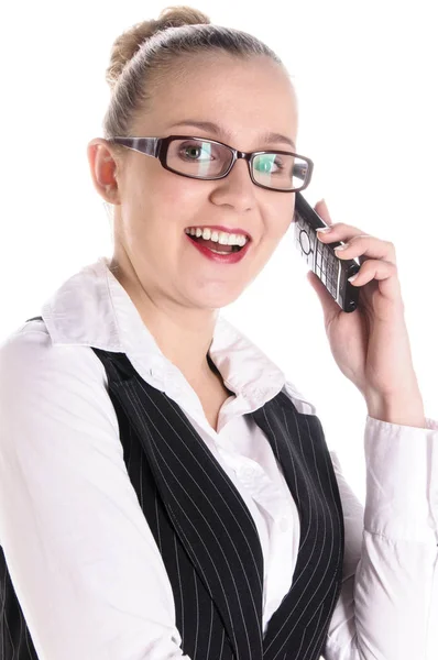Młoda Kobieta Biznesu Blond Włosami Garniturze Konsultant Podatkowy Menedżer Sekretarka — Zdjęcie stockowe