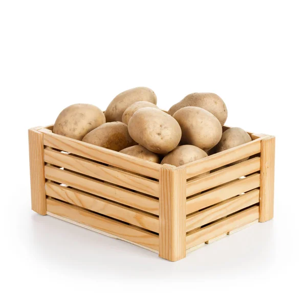 Krat Van Rauwe Aardappelen Geïsoleerd Witte Achtergrond — Stockfoto