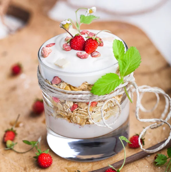 Muesli Met Yoghurt Wilde Aardbeien — Stockfoto