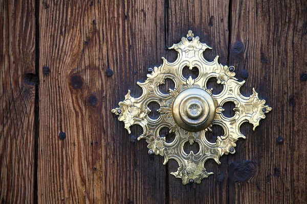 Doorknob Brass Ornaments Rustic Wooden Door — Stock Photo, Image