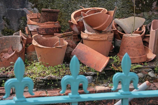 Blumentöpfe Vor Blau Lackiertem Metallzaun — Stockfoto