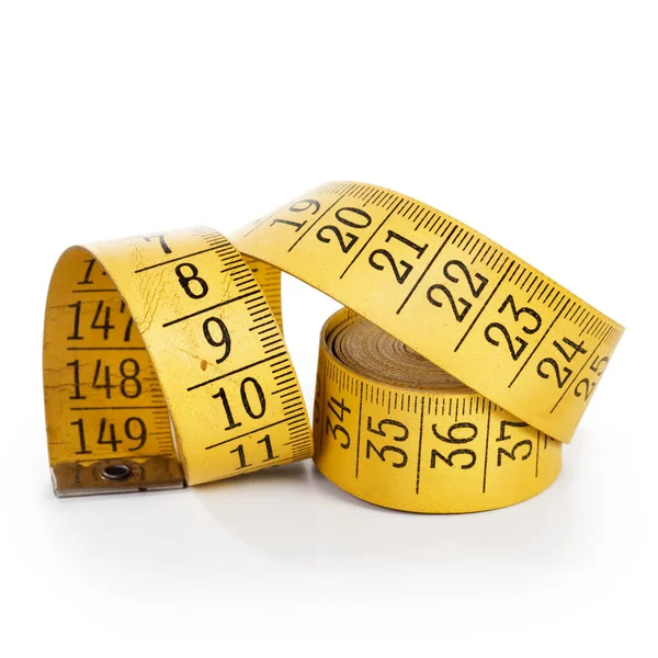 Close Yellow Old Tape Measure White Background — kuvapankkivalokuva