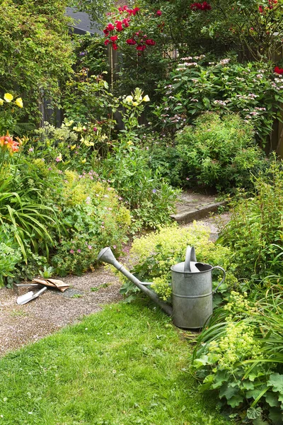 夏日早晨清洁盛开的村舍式花园的水壶和花园工具 — 图库照片