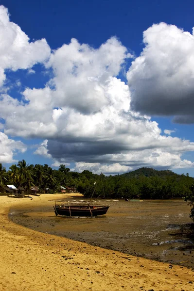 Madagaskar Wścibski Gwóźdź Żaglówka Łódź Palma Kamień Gałąź Wzgórze Laguna — Zdjęcie stockowe