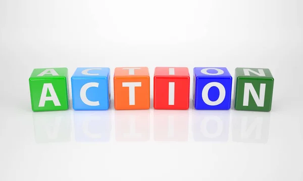 Word Action Out Multicolored Letter Dices — Stock Photo, Image
