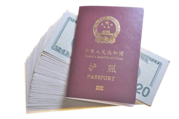 Chinese Passport Pile Dollars Isolated White — Stock Photo, Image